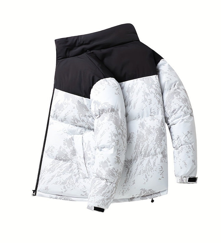 Men's Winter Jacket Windproof Coat with Stand Collar & Camo Marbled Pattern (Black/White/Grey) - Thickened Padded, Full-Zip Closure, for Skiing,, Outdoor Activities - Cold Weather Survival