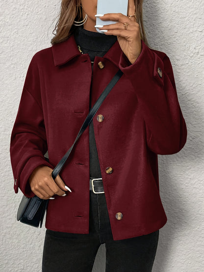 Women'S Burgundy Coat - Structured H-Silhouette Blazer, Button-Front Closure, Non-Stretch Fabric for Fall/Winter, Office, Party, Everyday Outfits - Chic Outerwear Jacket, Party Attire, Asymmetric Hemline, Elegant Design
