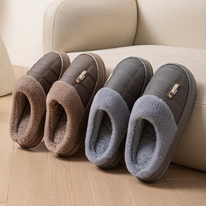Men's Large PU Faux Leather Slippers Thick EVA Sole Warm Slip-On
