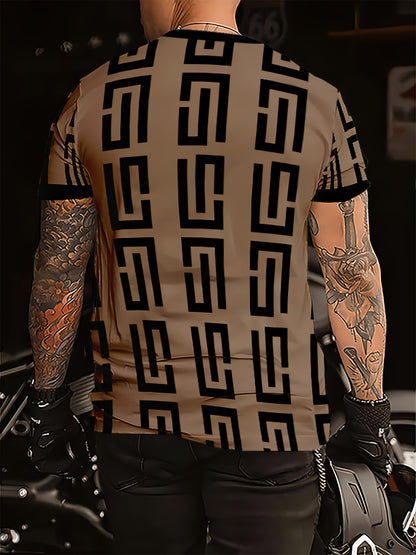 Men's Geometric Print T-Shirt - Stylish Black  Gray Pattern, Short Sleeve, Round Neck, Breathable Fabric, Perfect for Casual or Formal Wear, Versatile Clothing   Modern Look   Comfortable Fit
