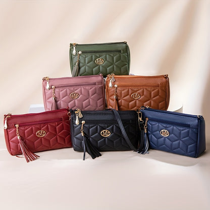 Quilted Women'S Crossbody Bag with Large Capacity, Casual Shoulder Bag Featuring Tassel Decorations, Multiple Zip Openings, And Adjustable Shoulder Strap