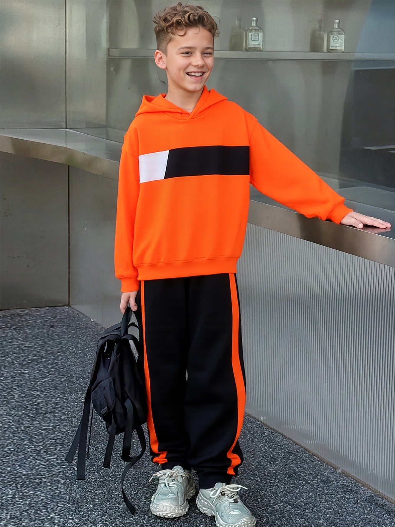 2pcs Boys' Winter Hooded Sweatsuit & Pants - Warm Sweater Outfit with Matching Long Pants, Colorblock Hoodie (Suitable for & Big Kids) - Machine Washable 2pcs set, Perfect for Outdoor