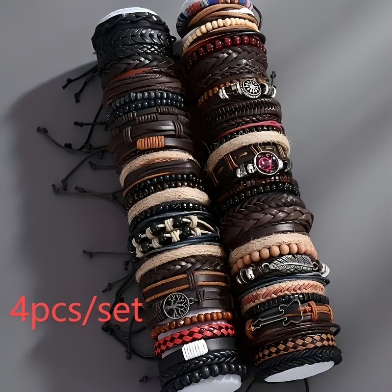 4/18/36pcs Vintage Fashion Faux Leather Bracelet Western Punk Style Beaded Wristband, Handwoven DIY Random Styles