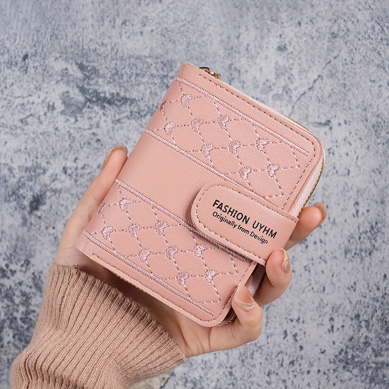 2024 New Style Zippered Foldable Short Wallet, Korean Fashion Embroidered Large Capacity Women'S Clutch Card Holder.