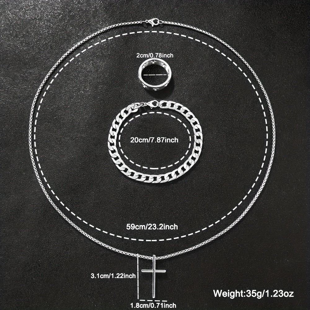 3pcs 's Fashion Jewelry Set: Hip Hop Bracelet, Necklace & Ring - Alloy Gift for Boyfriend/Husband, for Teenager