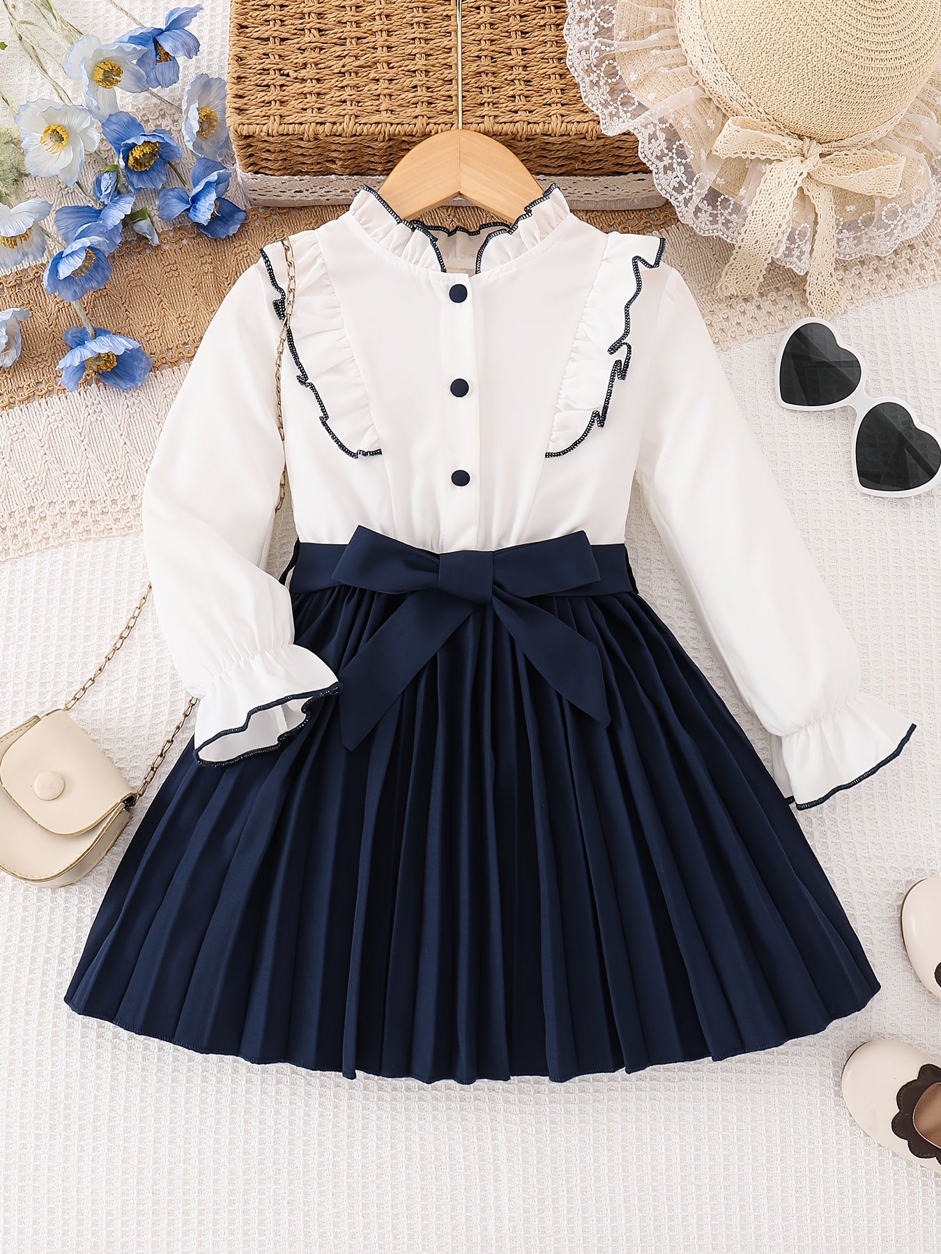 Girls' Preppy Half-Zip Long Sleeve Dress with Bow Belt