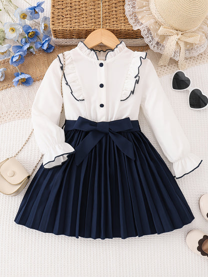 Girls' Preppy Half-Zip Long Sleeve Dress with Bow Belt
