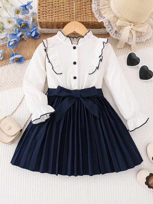 Girls' Preppy Half-Zip Long Sleeve Dress with Bow Belt