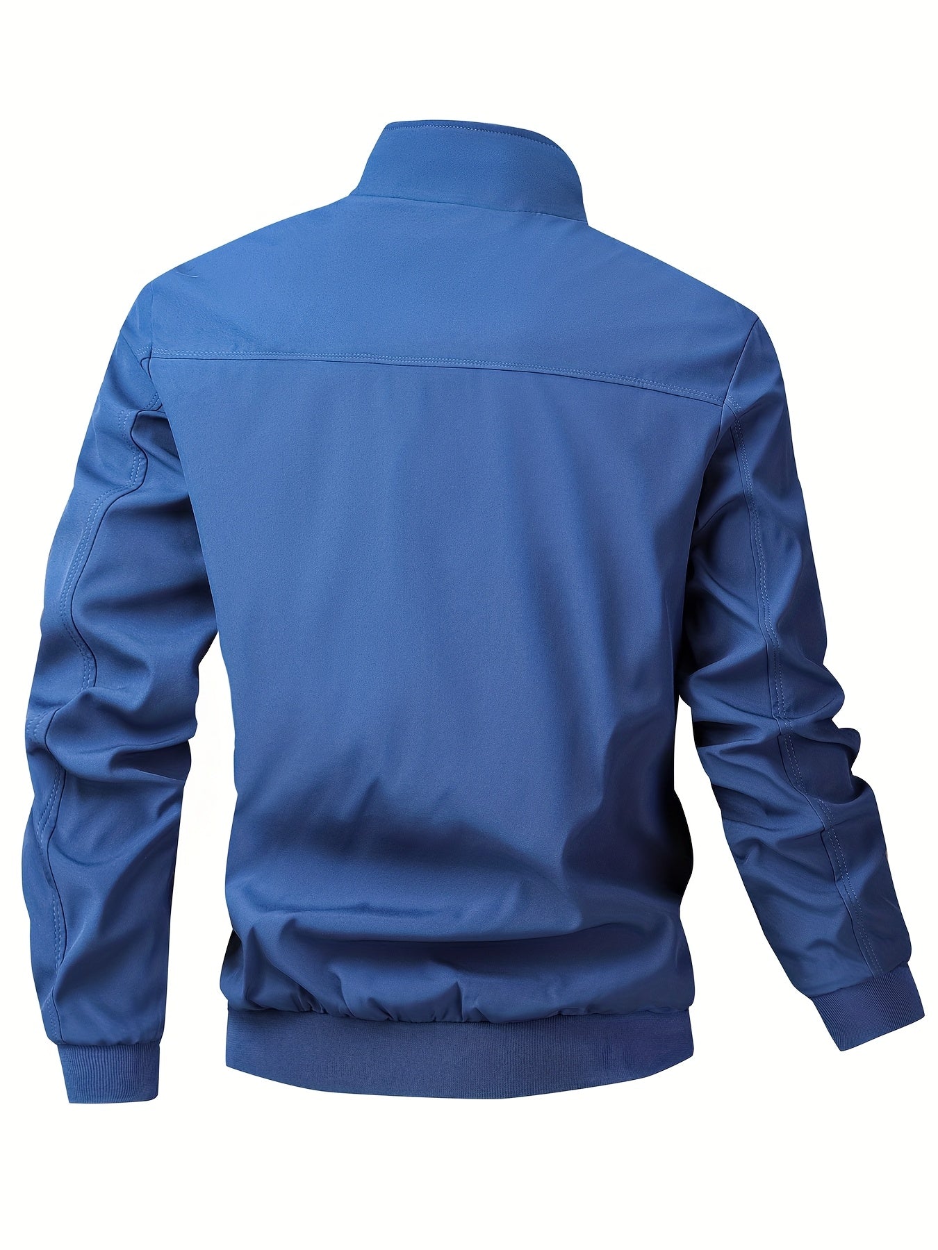 Men's Casual Royal Blue Bomber Jacket - Full Zip, Loose Fit, Polyester, Stand Collar, Long Sleeve, Lightweight & Durable for Spring and Fall, Casual Outerwear | Ribbed Cuff Sleeves | Durable Outerwear