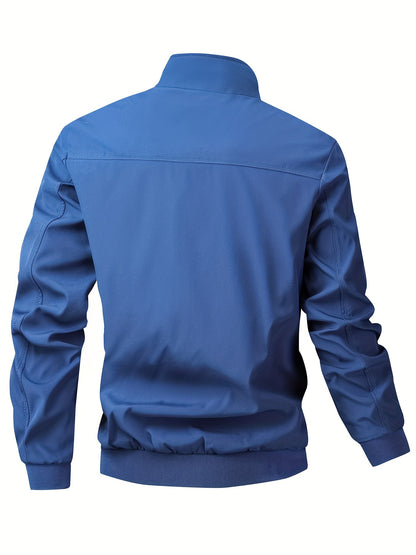 Men's Casual Royal Blue Bomber Jacket - Full Zip, Loose Fit, Polyester, Stand Collar, Long Sleeve, Lightweight & Durable for Spring and Fall, Casual Outerwear | Ribbed Cuff Sleeves | Durable Outerwear