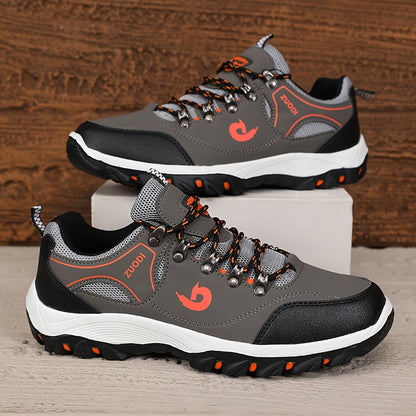Men's Low-Top Lace-Up Outdoor Hiking Shoes, Durable Non-Slip Rubber Sole All-Season Sports Footwear with Plain Toe, PU Upper, Fabric Inner & Insole for Camping, Climbing - Black with Orange Accents, Allseason Sports Shoes | C