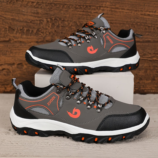 Men's Low-Top Lace-Up Outdoor Hiking Shoes, Durable Non-Slip Rubber Sole All-Season Sports Footwear with Plain Toe, PU Upper, Fabric Inner & Insole for Camping, Climbing - Black with Orange Accents, Allseason Sports Shoes | C