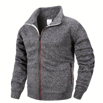 Men'S Stand Collar Zipper Jacket, Fashion Solid Color, Long Sleeve, Fleece, Soft, Casual, Polyester, with Zipper Pocket, for Daily, Sports, Fitness