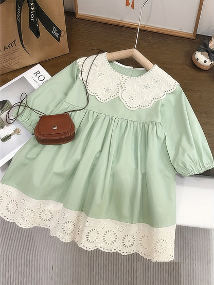 Girls' Spring/Fall Solid Color Cotton Dress with Lace Collar