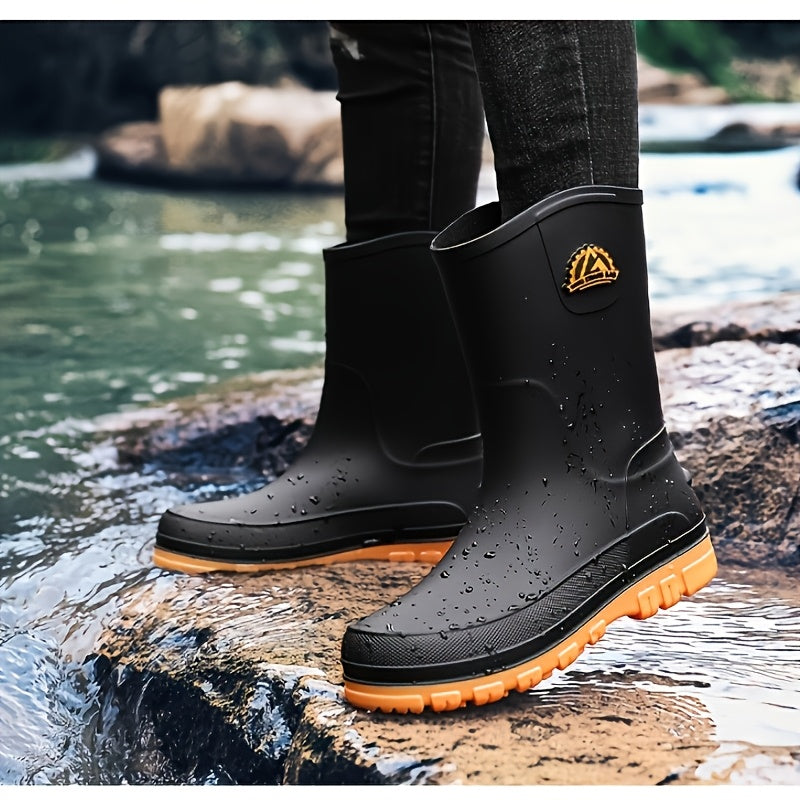 Men's Mid-Calf Waterproof PVC Rain Boots for Outdoor Use