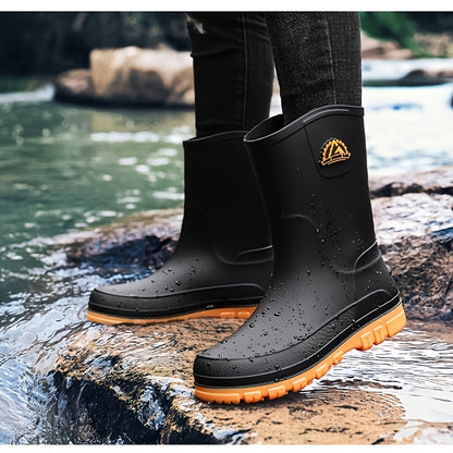 Men's Mid-Calf Waterproof PVC Rain Boots for Outdoor Use