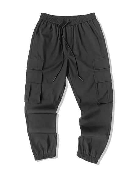 Men's Casual Solid Color Cargo Pants with Drawstring Waist
