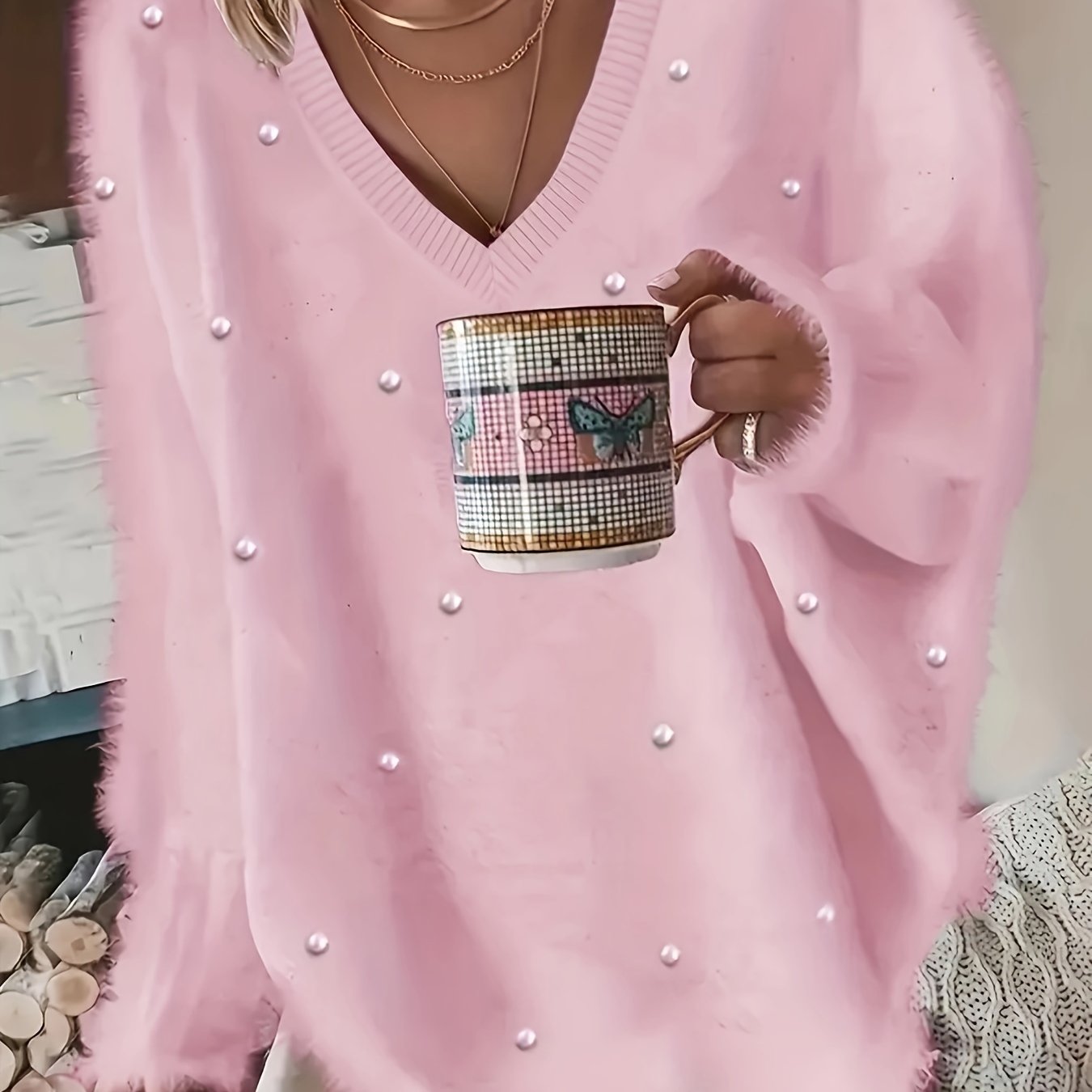 Plus Size - Women'S Cozy Yellow V-Neck Sweater with Pearl Buttons & Fleece-Lined Cuffs - Asymmetrical Hem, Geometric Pattern, Casual Winter Pullover for Casual Attire, Winter Apparel | Vneck Sweater | Pearl Button Details, Sw