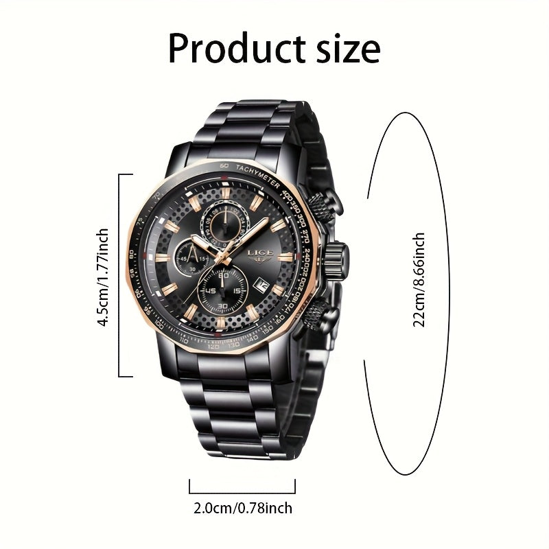 LIGE Watches Fashion Junior Men's Sports Multifunctional Quartz Watch, IP68 Waterproof Watch, Stainless Steel Band, Precision Chronograph, Stopwatch Date Function, Casual Elegant Vintage Style New Watch, Holiday Gifts - ayq