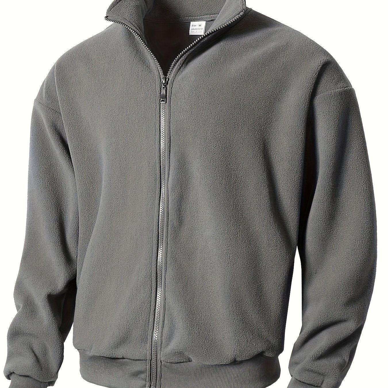 1pc Men'S Casual Sports Fleece Jacket - Solid Color Polyester Knit with Slight Stretch, Stand Collar, Long Sleeve, Regular Fit, Zipper Closure, Daily & Casual Wear