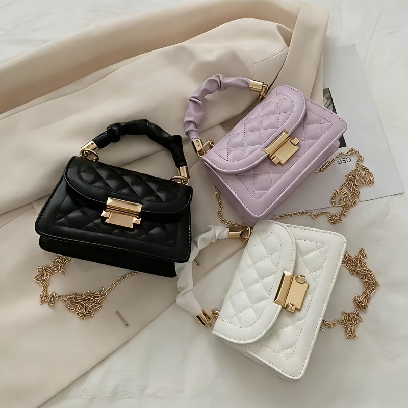 Quilted Small Crossbody Bag Compact Capacity Ruched Handle Golden Hardware Mini Handbag for Women (Black/White/Lavender)