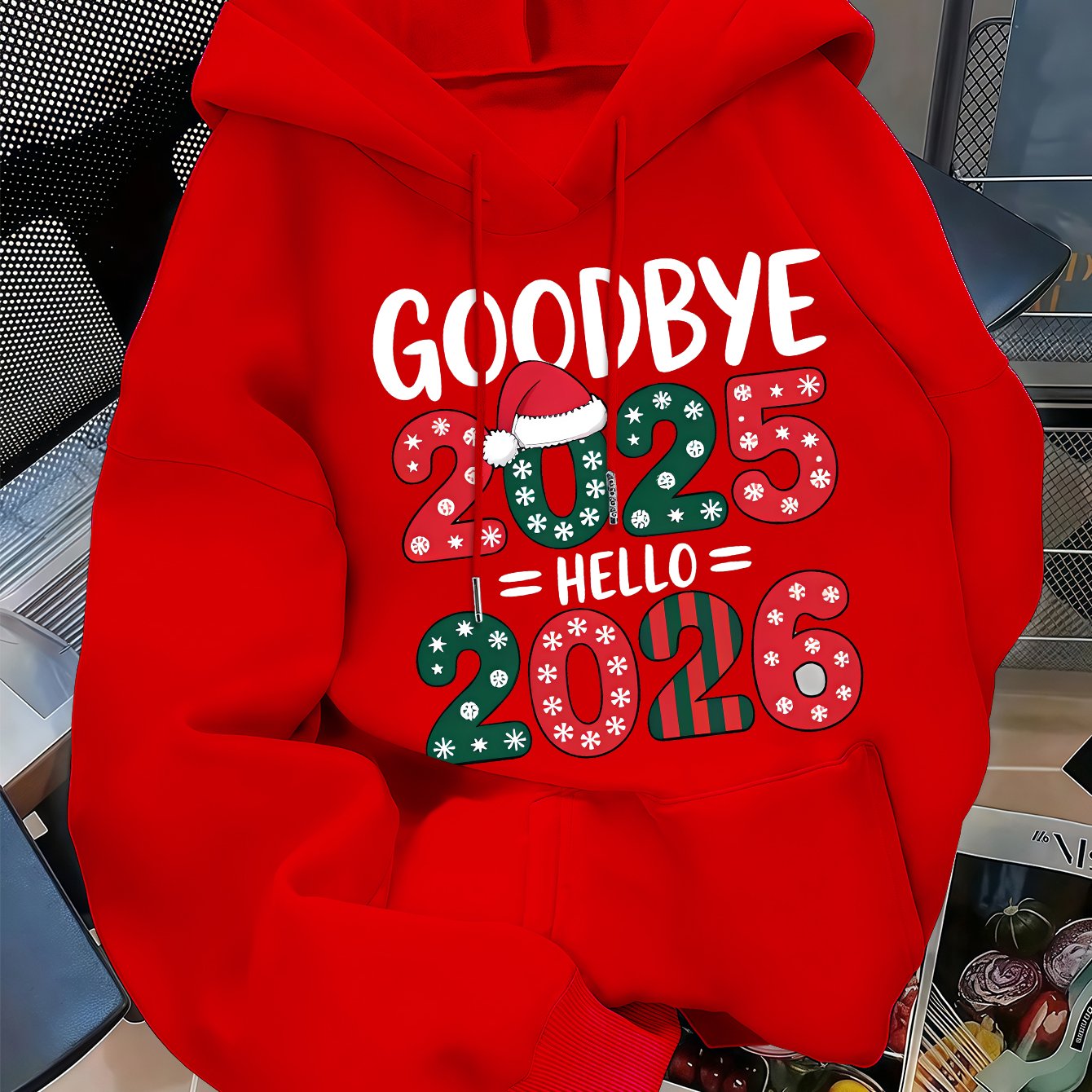 Men's 2025 New Year Red Hooded Sweatshirt - Christmas & New Year's Eve Party Sweater with Goodbye 2024/ 2025 Print, Snowflakes & Santa Hats, Machine Washable Winter Pullover for Holiday Celebrations