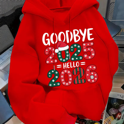 Men's 2025 New Year Red Hooded Sweatshirt - Christmas & New Year's Eve Party Sweater with Goodbye 2024/ 2025 Print, Snowflakes & Santa Hats, Machine Washable Winter Pullover for Holiday Celebrations