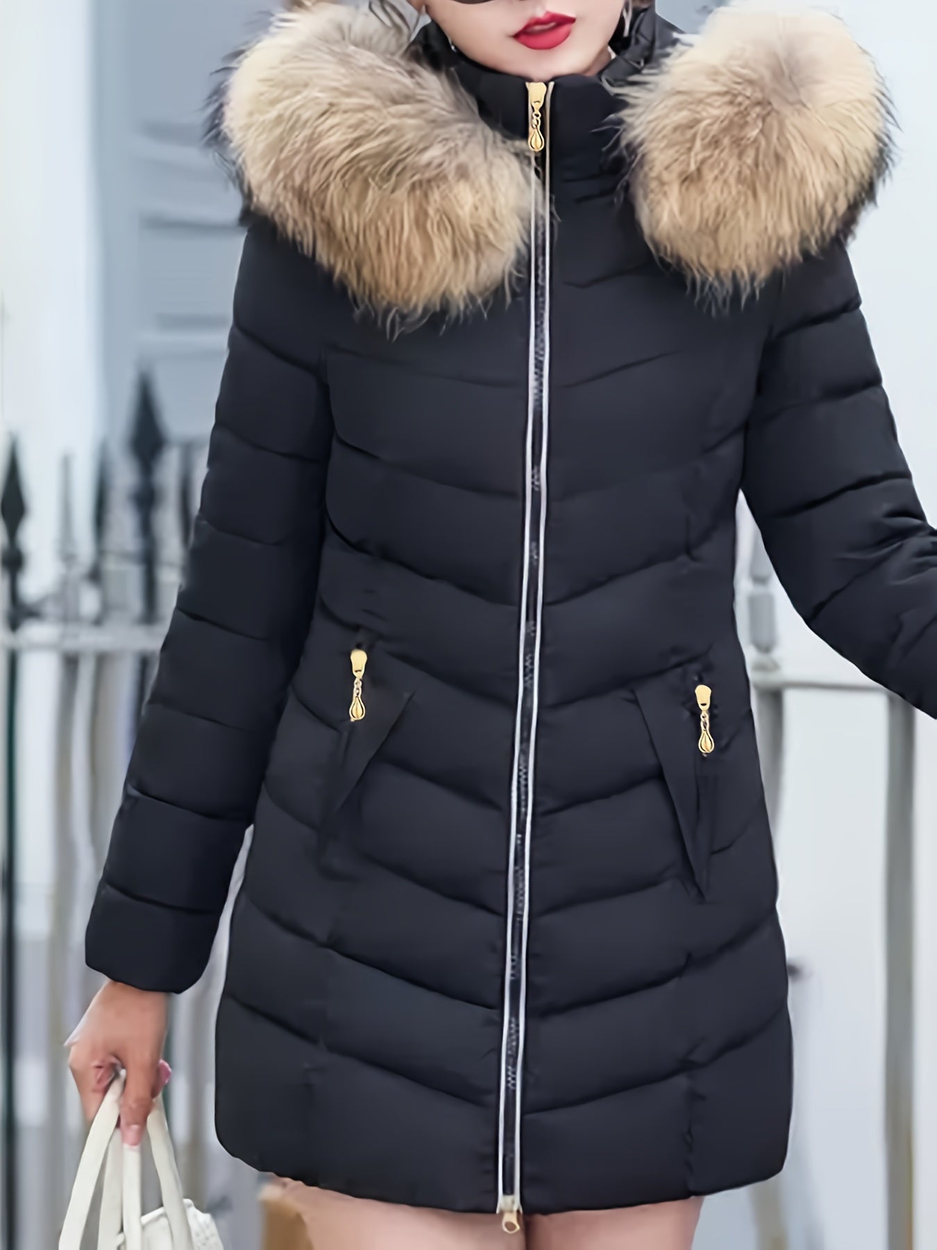 Women'S Elegant Red Mid-Length Winter Coat with Plush Fur Hood, Zip-Up Design, and Contrast Trim - Stylish All-Season Outerwear, Winter Coats And Vests