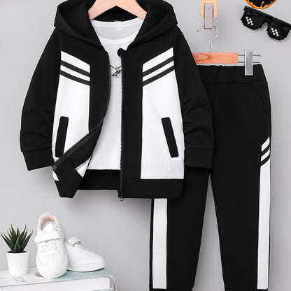 2pcs Boys' New Fashion Hooded Zip-Up Jacket and Pants Set, Black and White Striped Print Trendy Cool Style Outfit for Autumn/Winter, Thickened Sportswear with Pockets, Durable Polyester Fabric, Perfect Gift Choice for Kids, A