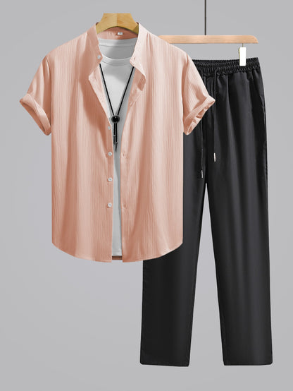 Men's Summer Casual Set: Mandarin Collar Shirt & Black Pants