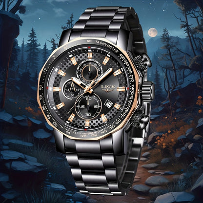 LIGE Watches Fashion Junior Men's Sports Multifunctional Quartz Watch, IP68 Waterproof Watch, Stainless Steel Band, Precision Chronograph, Stopwatch Date Function, Casual Elegant Vintage Style New Watch, Holiday Gifts - ayq