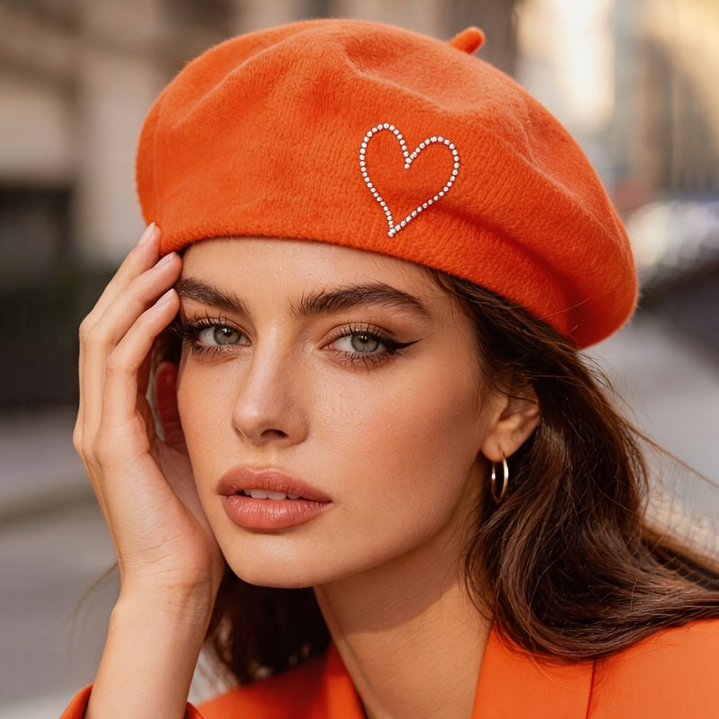Women's Wool Beret Hat with Rhinestone Heart - Lightweight Warm