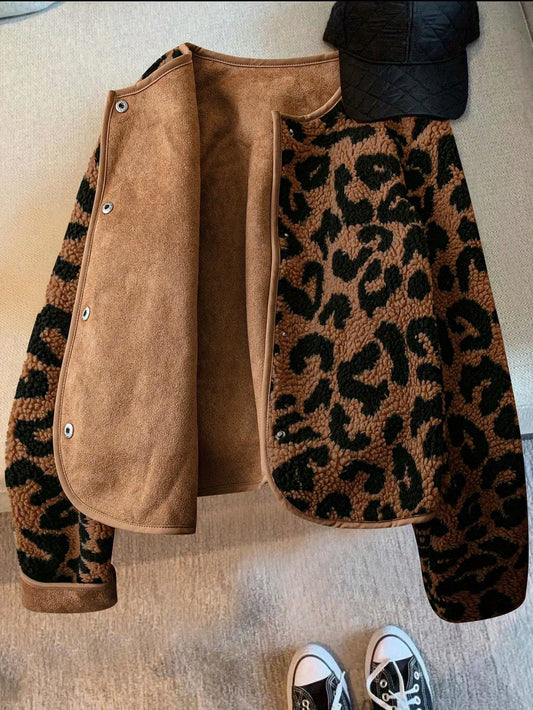 Women'S Elegant Leopard Print Long Sleeve Jacket - Cozy Winter Warmth, Non-Stretch Fabric, Regular Fit with Button Closure, Perfect for Fall & Winter Travel