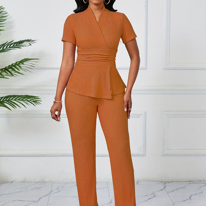 Women'S Elegant Casual Solid Color Textured Jumpsuit - Stylish Short Sleeve Top & Wide-Leg Pants, Perfect for All Seasons, Casual Attire|Textured Jumpsuit|Casual Style