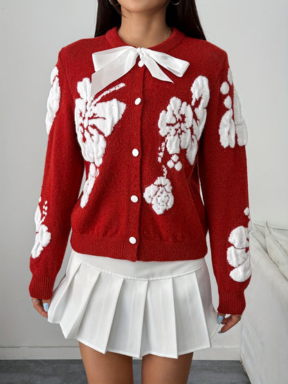 Women'S Red Sweater - Long Sleeve Button-Front Cardigan with Elegant Loose Fit, Round Neck Winter Sweater for Everyday & Formal Outfits, Non-Transparent Fall/Winter Sweater for Casual Formal Events, Winter Sweater, Seasonal F