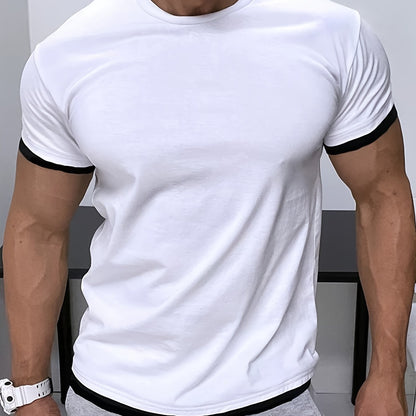 Men's Classic Summer Casual Short Sleeve T-Shirt - Black with White Trim, Round Neck, Stretch Fabric, Comfortable  Stylish for Casual Attire, Twiceiquest Fashion   Faux Twopiece   Smooth Texture