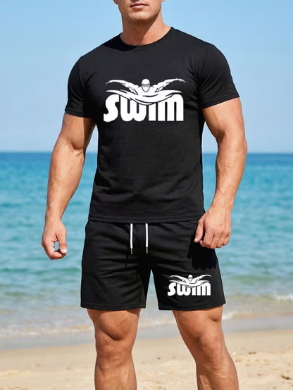 Men's Quick-Dry Printed Swim Set with T-Shirt & Boxer Shorts