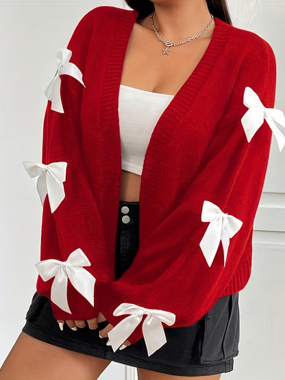 Plus Size - Women'S Casual V-Neck Cardigan with Playful Bow Details - Red, Long Sleeve, Button-Up Front, Lightweight & Breathable for Spring/Fall, Perfect for Casual Attire or Vacation Style, Spring Outerwear | Vneck Design |