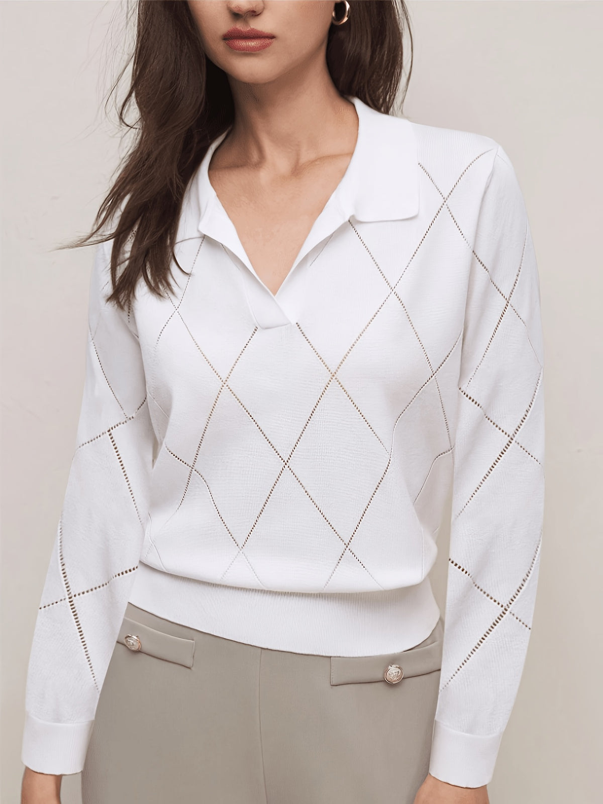 Elegant Women's Polo Neck Argyle Sweater with Loose Fit