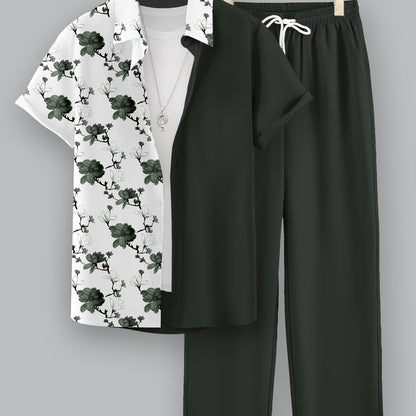 Men's Casual 2-Piece Set, Random Print Short Sleeve Shirt And Drawstring Pants, Regular Fit, Casual Beach Vacation Outfit