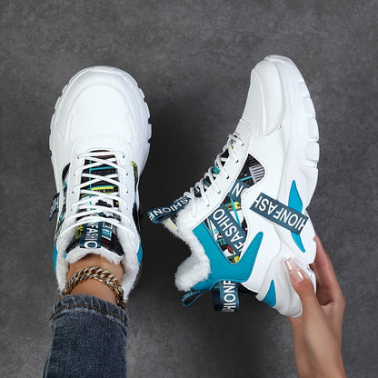 Women's Geometric Waterproof Snow Sneakers, Shock-Resistant Microfiber Upper, Flannel Lined, EVA Sole, Autumn & Winter High-Top Plush Fashion Shoes from Quanzhou