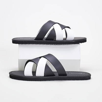 Men's Black White Cross-Strap Slippers, Breathable Non-Slip EVA Sole