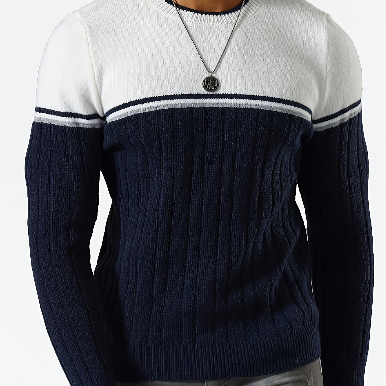 Autumn And Winter Men'S Color-Block Striped Round-Neck Sweater