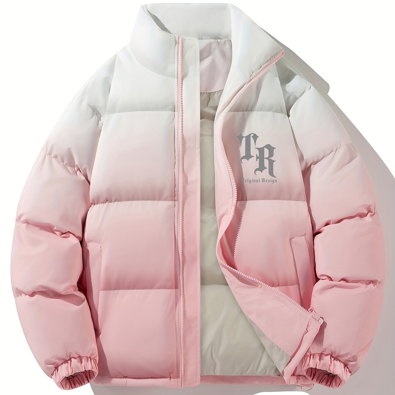 1pc Men'S Street Style Stand Collar Coat, Alphabet Print, Regular Fit, Drawstring Detail, Non-Stretch Woven Polyester, 100% Polyester Filler, Long Sleeve Casual Warm Gradient Jacket for Autumn and Winter