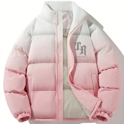 1pc Men'S Street Style Stand Collar Coat, Alphabet Print, Regular Fit, Drawstring Detail, Non-Stretch Woven Polyester, 100% Polyester Filler, Long Sleeve Casual Warm Gradient Jacket for Autumn and Winter