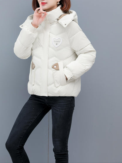 Women's Winter Hooded Jacket - Stylish Beige & White Zip-Up Coat with Heart Design, Warm Polyester Outerwear for Casual or Chic Looks, Winter Jacket