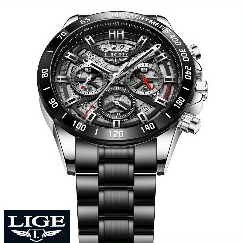 LIGE Watch, Fashion Teen Men's Watches, Multifunctional Stainless Steel Quartz Watches, Waterproof Watches, for Sports, College Various Scenes, Holiday Gifts, Party Gifts, Birthday Gifts, Black Blue Watches