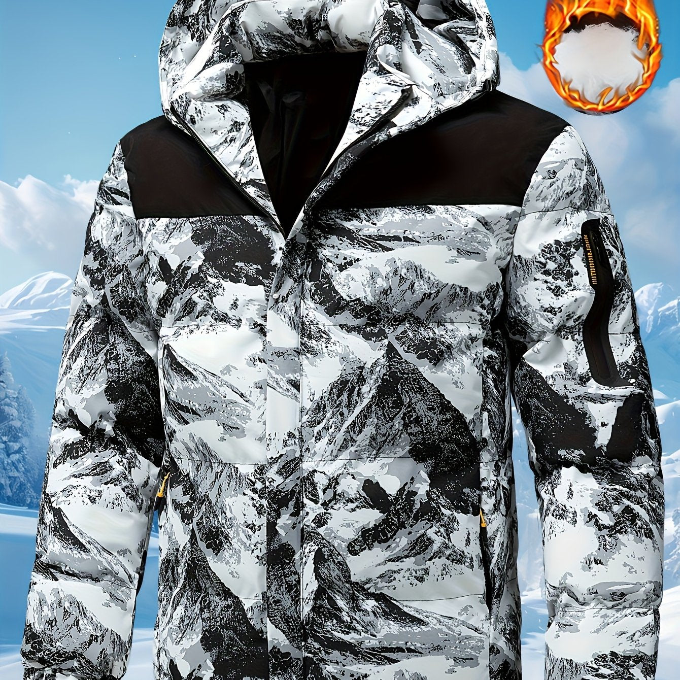Men'S Heavyweight Winter Jacket - Windproof Thermal Insulated Hooded Coat with Full-Zip Closure, Adjustable Hood & Zippered Arm Pockets - Cold Weather Skiing, Snowboarding, Outdoor Activities - Black/White Camo Pattern - Poly