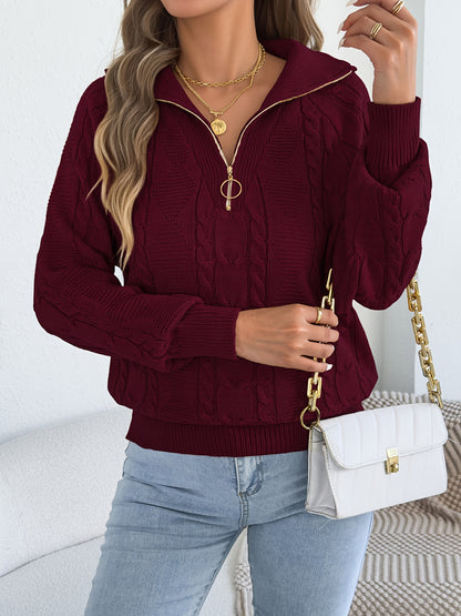 Autumn and Winter Leisure Vacation Pullover Sweater Solid Color Zipper Lapel Women's Sweater