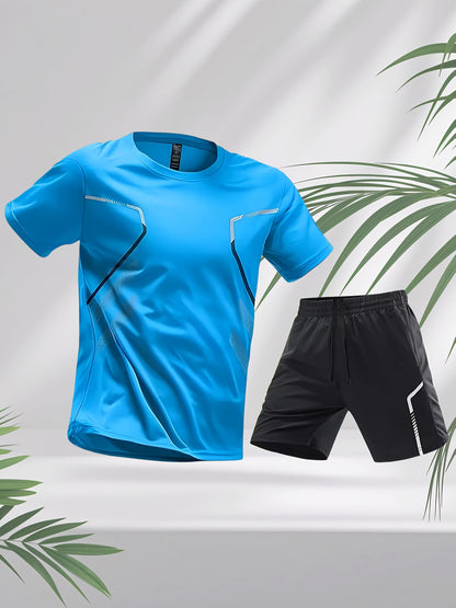 2pcs Men's Running Sportswear Set Summer Ice Sliky Fiber Fabric Quick-Dry Sweat-Absorbent Fitness Casual Short Sleeve Shorts Outfit